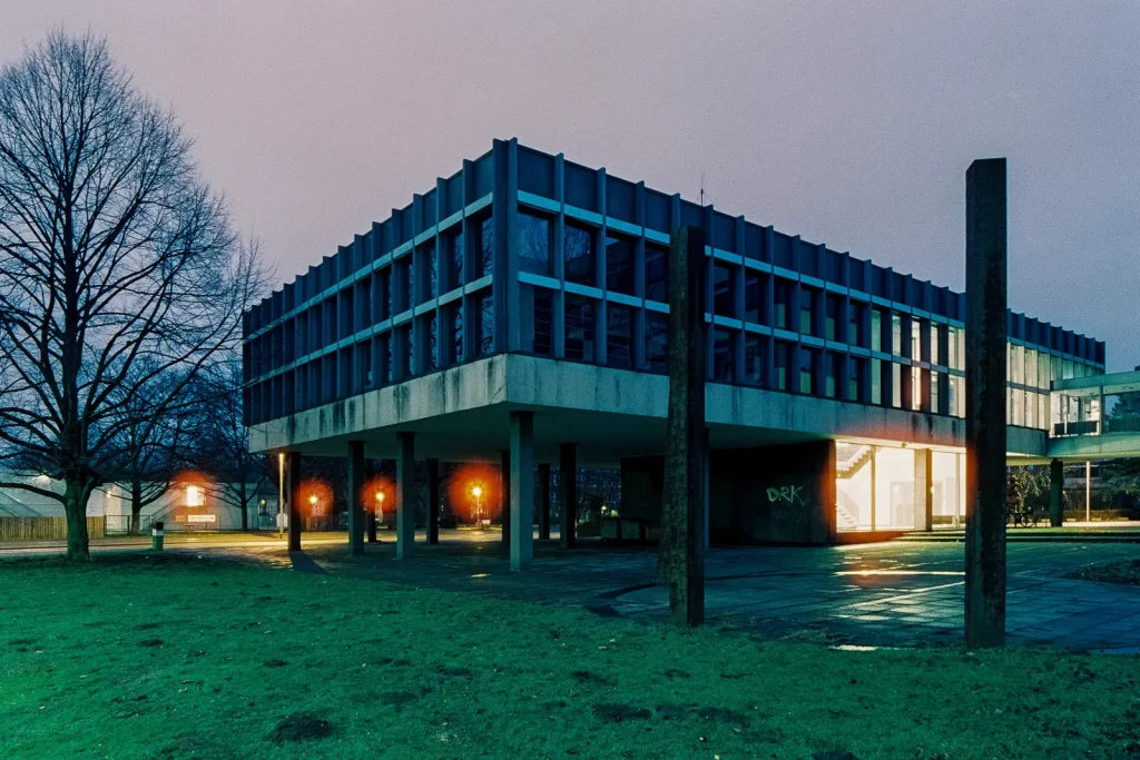 Office building in Hanover shot at night on CineStill film