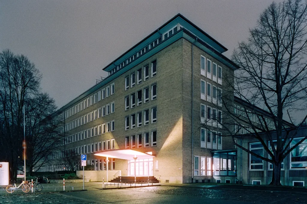 Office building in Hanover shot at night on CineStill film