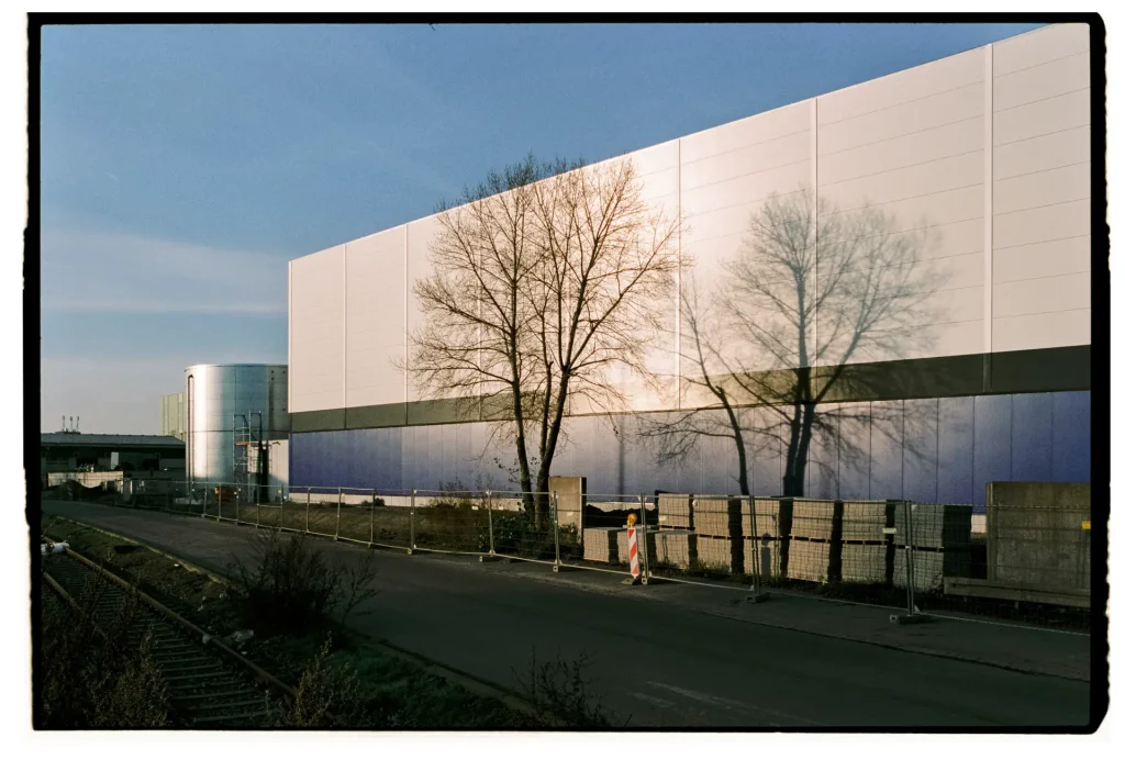 a modern warehouse lit by the afternoon sun