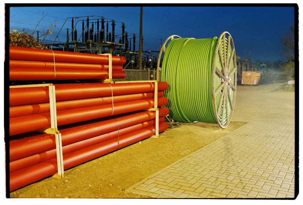 a stack of sewage pipes and a cable drum shot on Fuji Superia 400 film