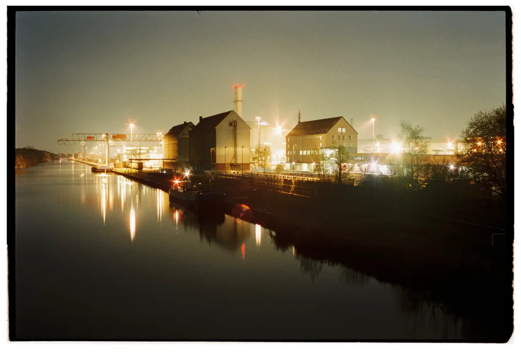 night-time shot of warehouses at Nordhafen inland harbor in Hannover, Germany