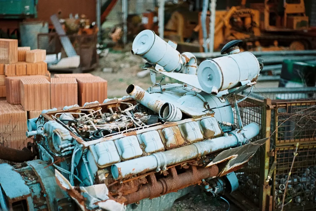 A retired diesel engine found at the machine boneyard.