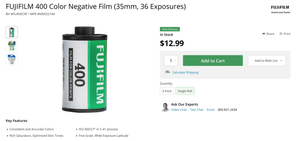 Per B&H Website, Screenshot of Fujifilm 400 Film In Stock