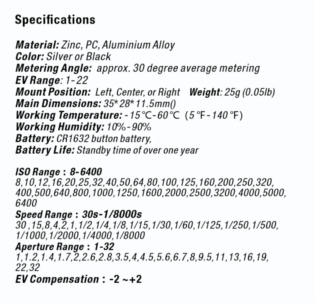 Reflex Lab Light Meter specs