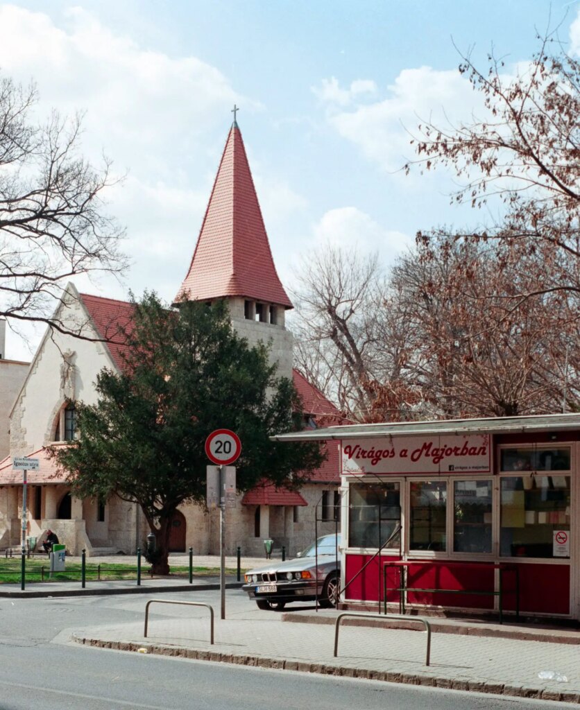 Church with flower shop