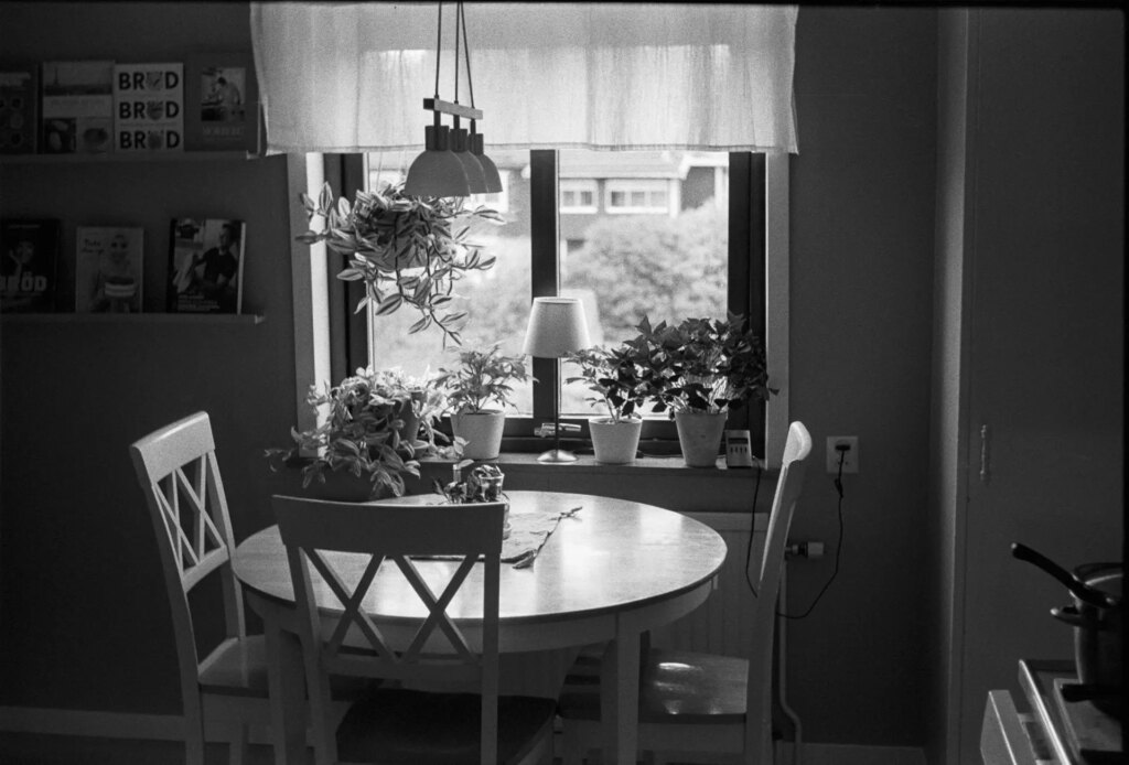 A kitchen table in front of a flowerladen window