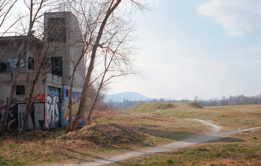 abandoned building at a field