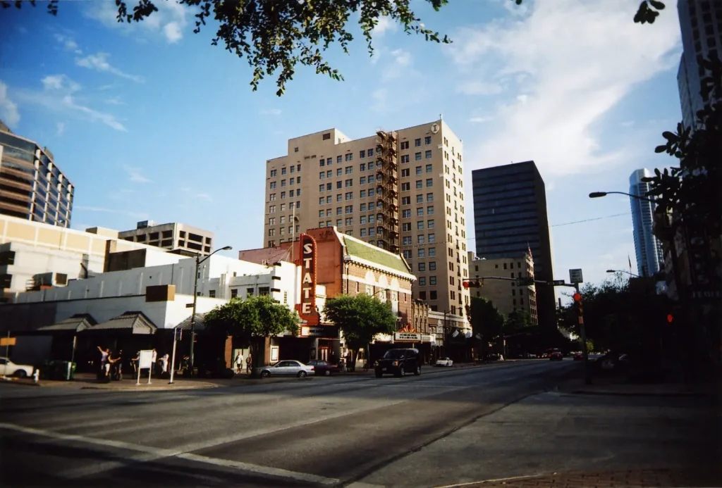 streets and buildings in Austin, Texas, taken with a White Slim Angel ultra wide 35mm point and shoot film camera