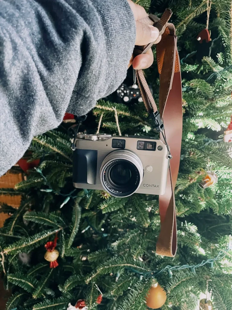 Contax G1 camera with a Christmas tree in the background