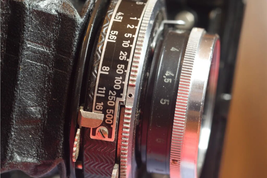 The shutter, aperture and focus controls of a Voigtlander Bessa 66 camera sit on the the front of the black leather bellows.