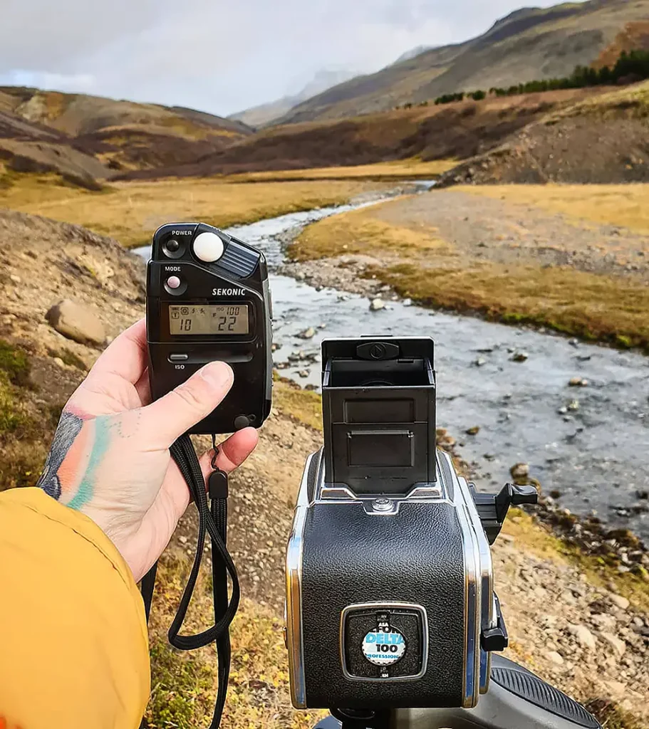 hasselblad and lightmeter in icelandic landscape