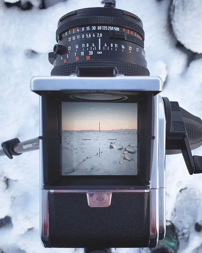 through the view finder of a hasselblad camera