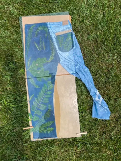 cyanotype printing on a pair of jeans
