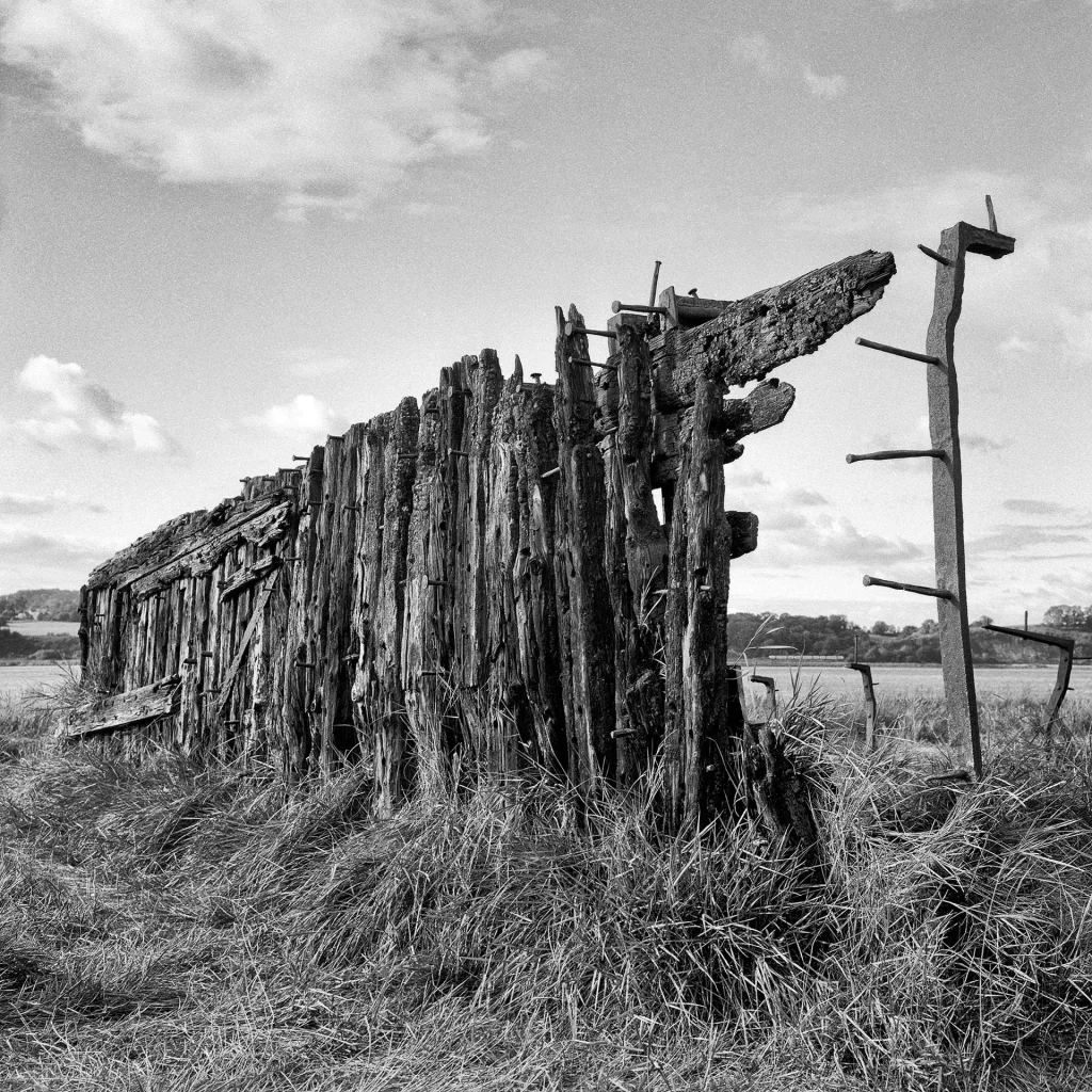 Beached boat on the banks of the Severn. Taken with Rolleiflex 3.5F.