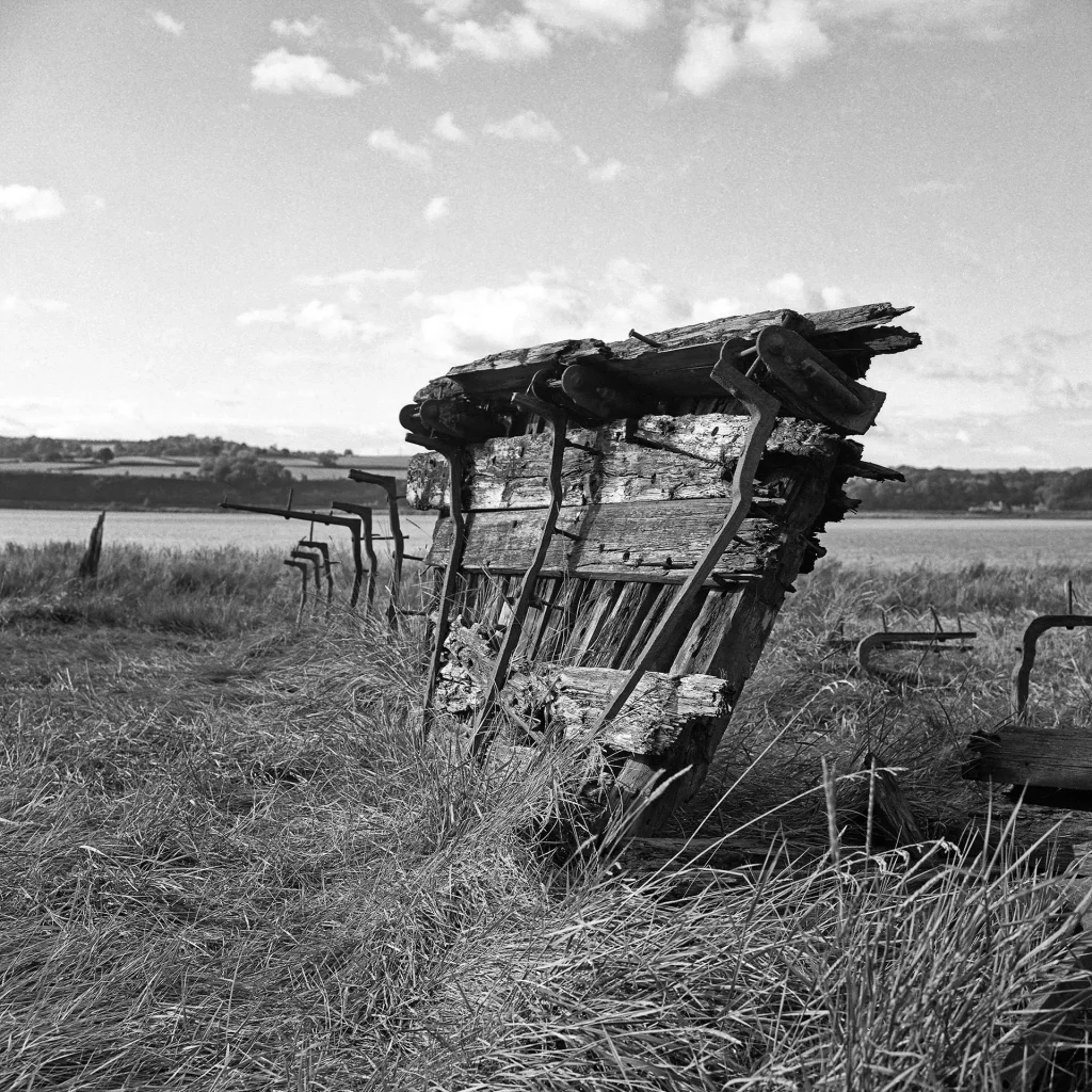 Beached boat on the banks of the Severn. Taken with Rolleiflex 3.5F.