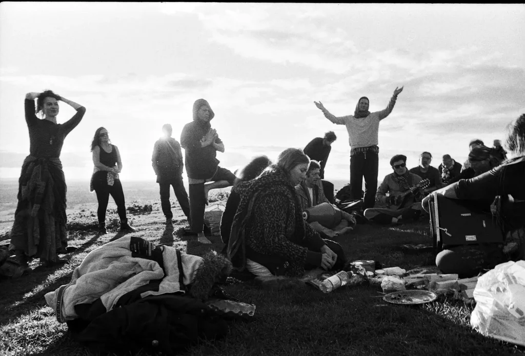 Devotees each in a trance pose in various ways.