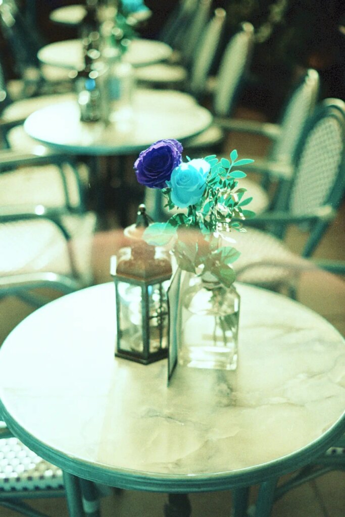 Red and yellow roses decorate an outdoor cafe in Cardiff, Leica CL