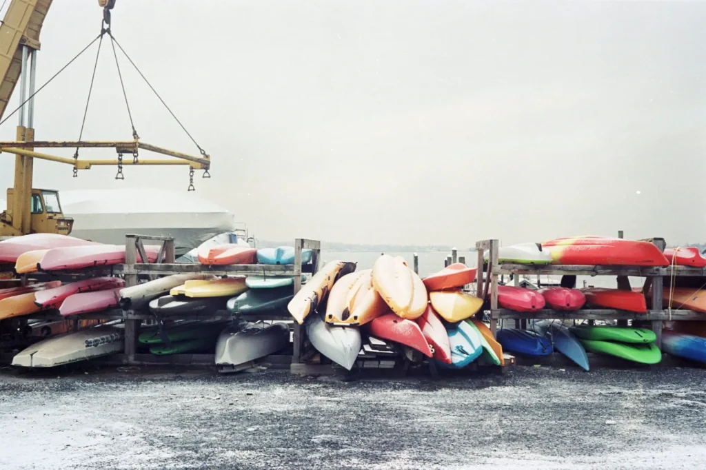 Colorful kayaks and canoes