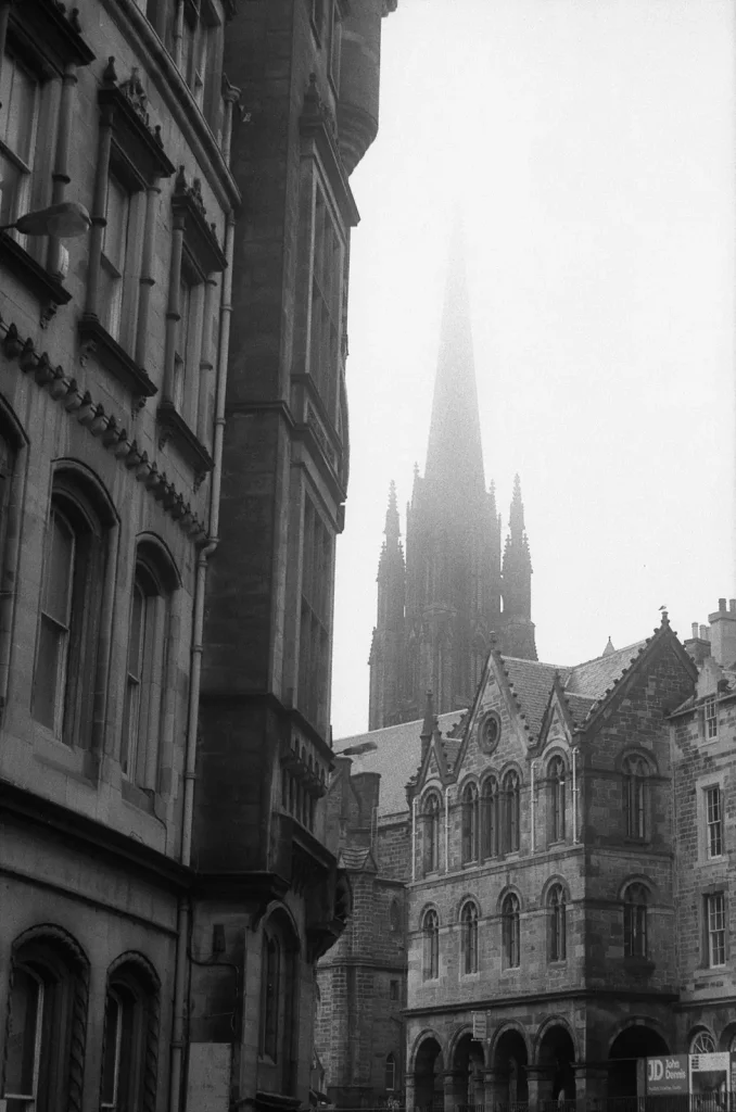 Steeple in the fog in Edinburgh