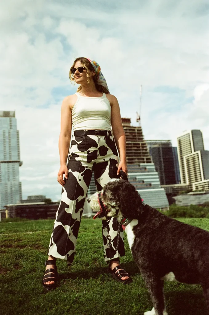 Cow pattern pants, cow pattern dog, Austin TX