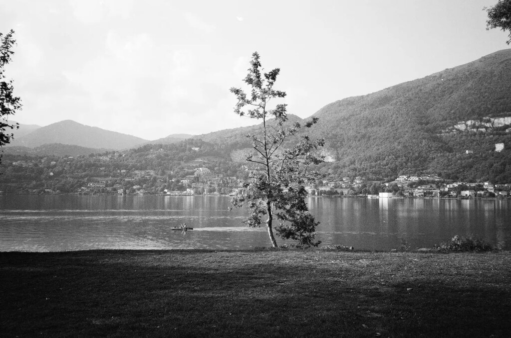 lakeside view with a man canoeing