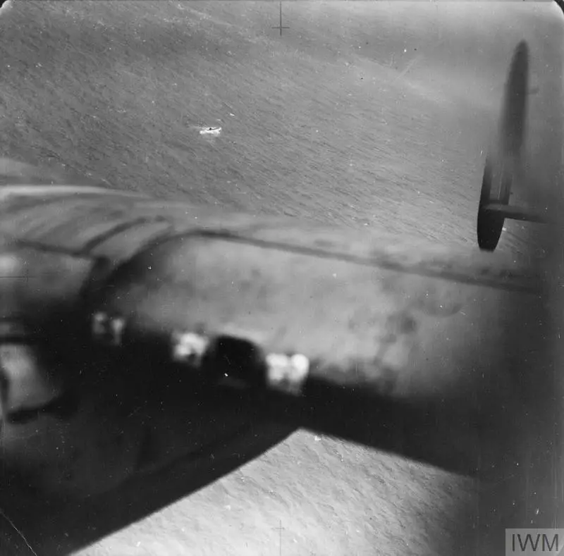 ROYAL AIR FORCE 1939-1945: COASTAL COMMAND (HU 91243) Photograph looking back over the starboard wing of a Lancaster of No 61 Squadron, Bomber Command, after an attack on U-751 in the Bay of Biscay, 17 July 1942. The U-boat had been attacked and crippled by a Whitley of No 502 Squadron earlier, before being finally sunk by depth charges dropped by the Lancaster. Copyright: © IWM.