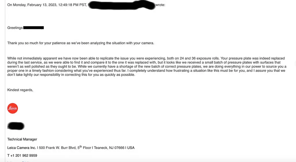 screenshot of email from customer service received in regards to pressure plate issue