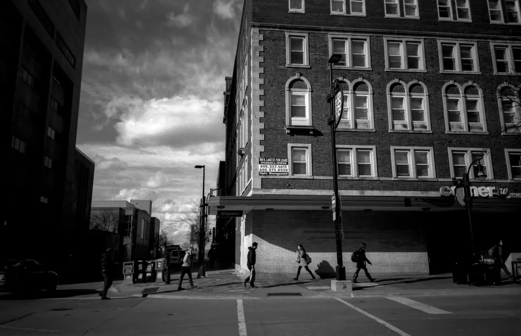 Photo of people and buildings on State Street in Madison,WI.
