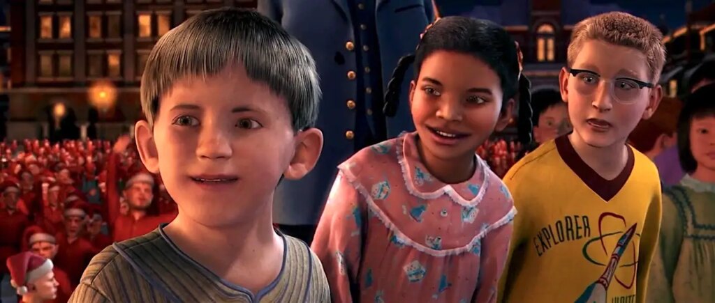 A still from The Polar Express featuring the three main characters. Despite the artist's best efforts at making them look lifelike, they look more like zombies.