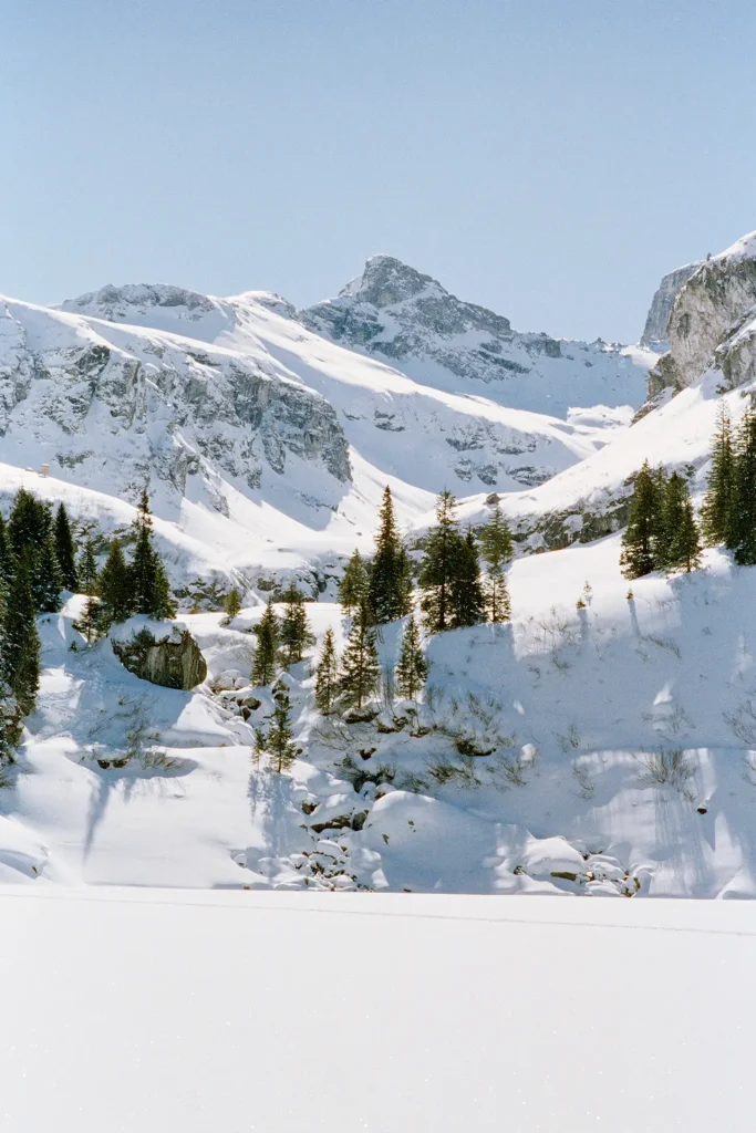 A snow covered water reservoir