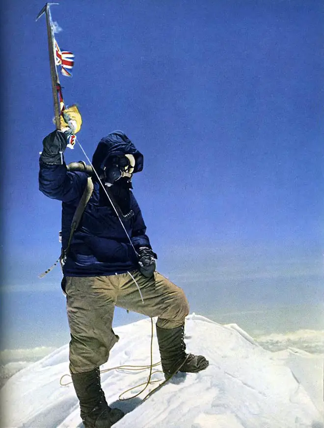 An image of Tenzing Norgay on the summit of Mount Everest
