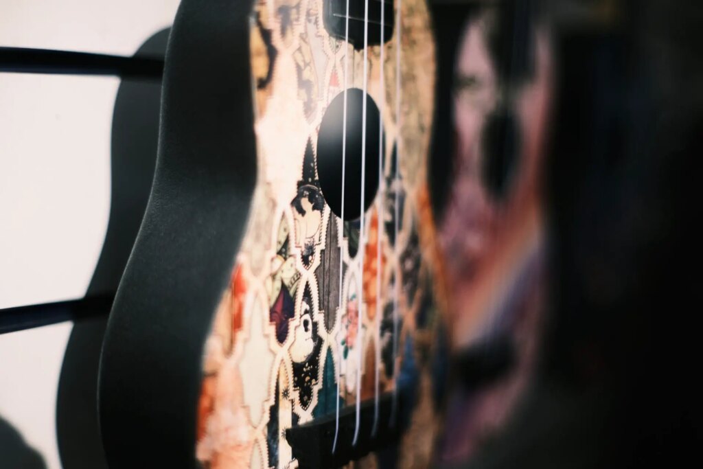 Sample image taken on the 35mm F0.95 lens - Guitar in a shop window