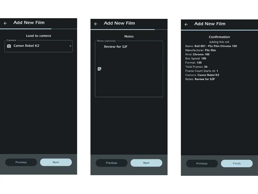 Crown and Flint Mobile Metadata & Management App for Film Photographers Screenshots