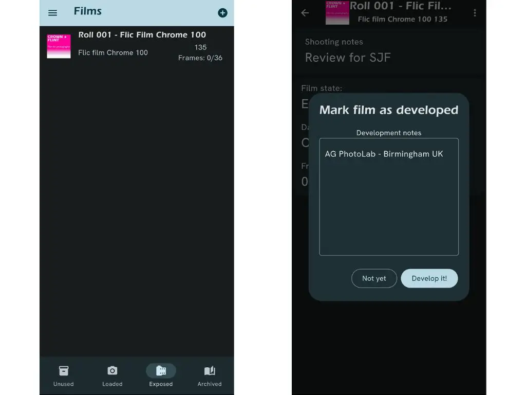 Crown and Flint Mobile Metadata & Management App for Film Photographers Screenshots