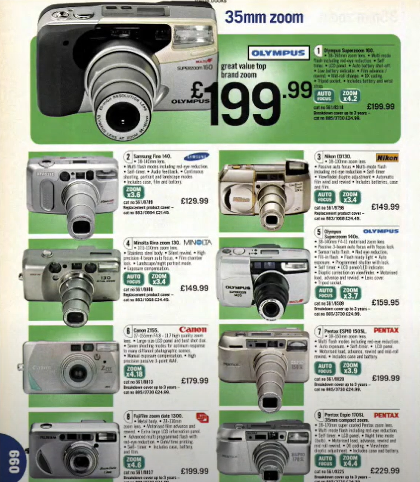 Page from the 2002 Argos catalogue showing various compact superzooms for sale. 