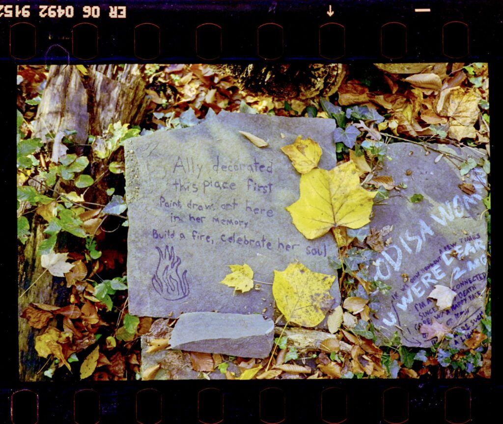 A photo looking down at the ground of a rectangular stone, surrounded by leaves. There is writing on the stone, in marker, and a drawing of a fire. 