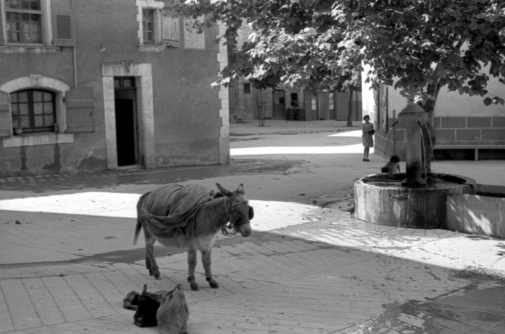 Black and white image of Entrevaux in the Alpes-de-Haute-Provence, France.