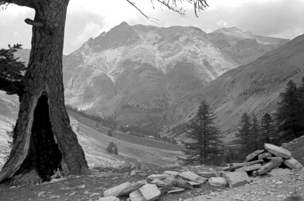Black and white image of mountains near Bayasse, France.
