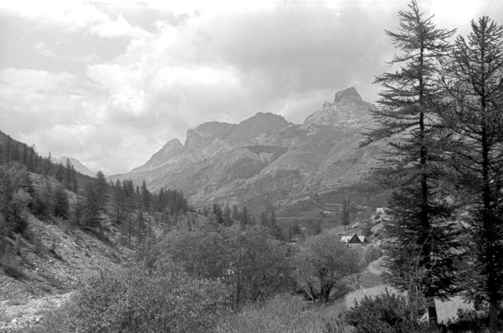 Black and white image of mountains near Bayasse, France.