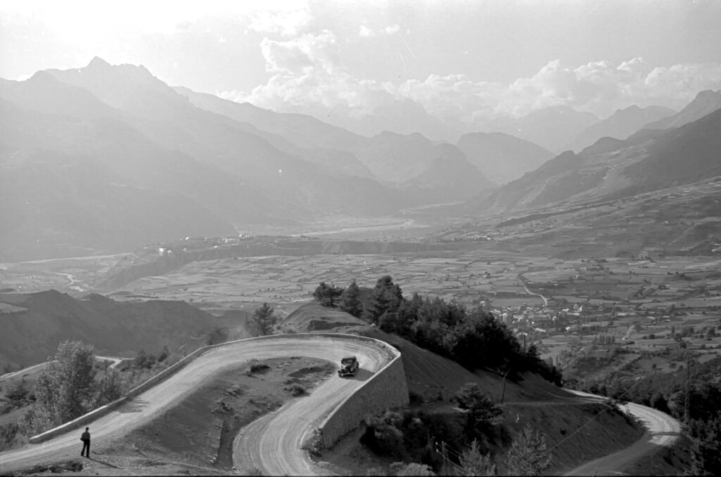 Black and white image of a mountain road in the Durance valley, France.