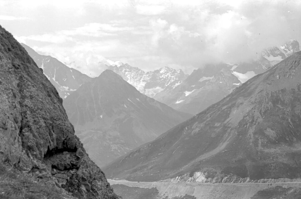 Black and White image of mountains from the Col du Galibier, France.