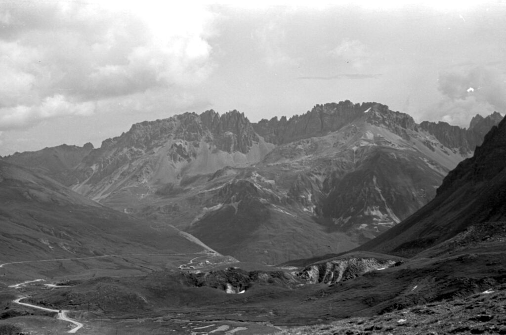 Black and White image of mountains from the Col du Galibier, France.