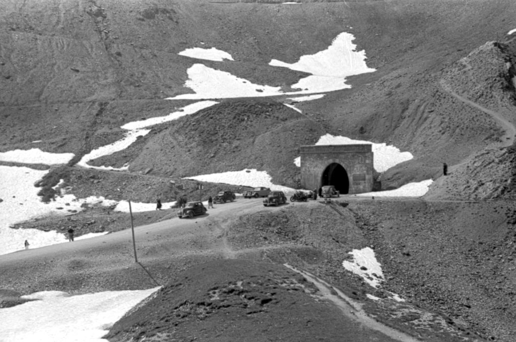 Black and white image of a tunnel entrance at the Col du Galibier, France.