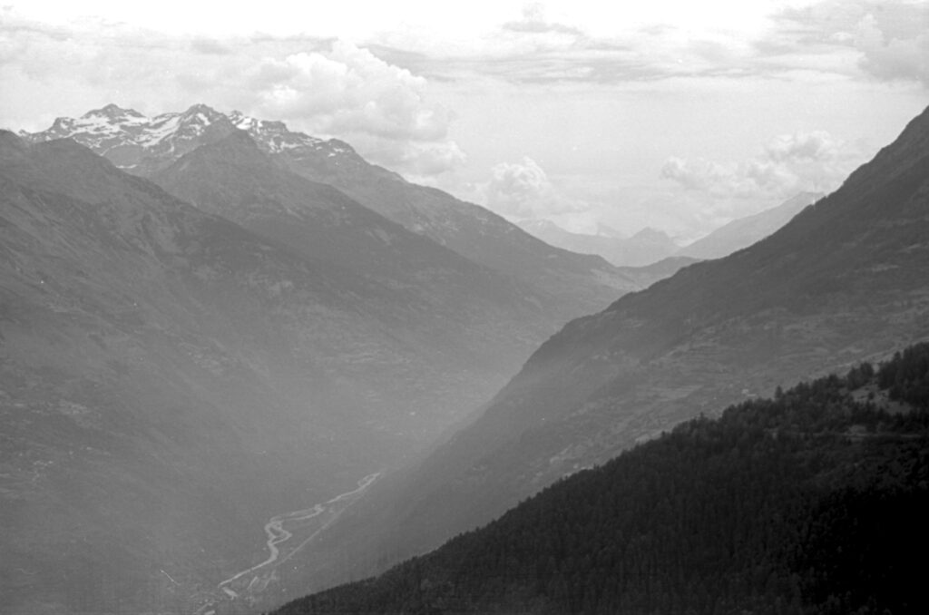 Black and White image of mountains from the Col du Galibier, France.