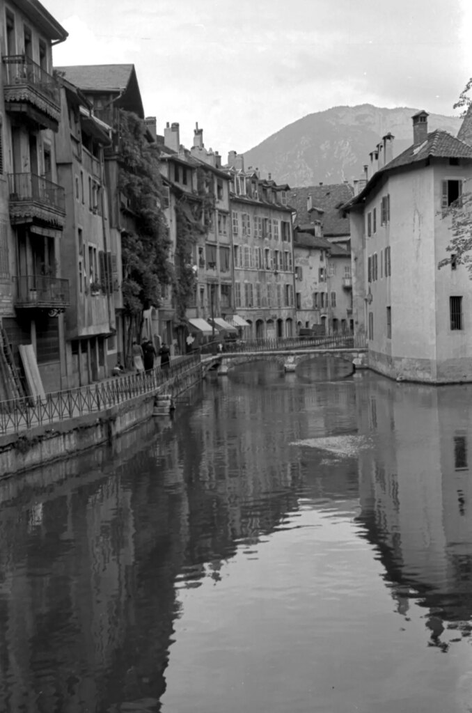 Black and white image of Annecy, France.