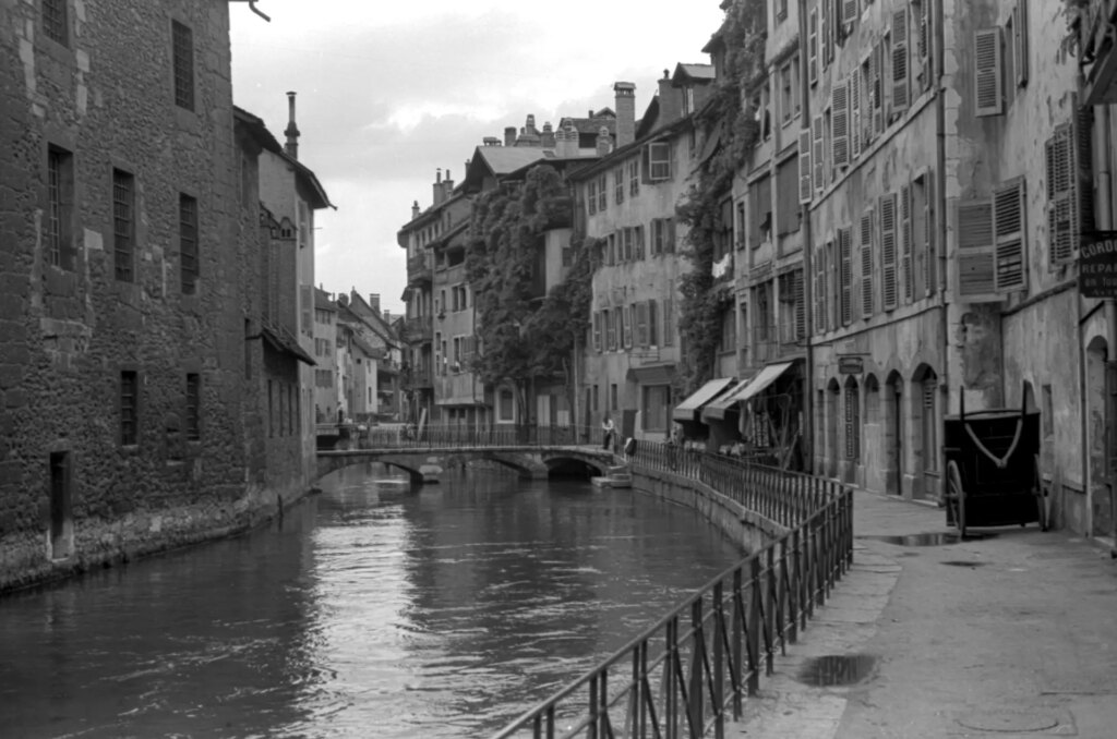 Black and white image of Annecy, France.