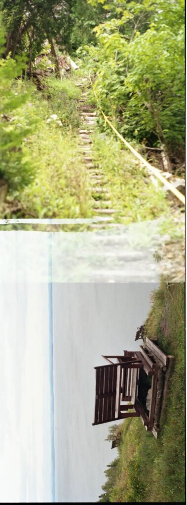 overlapped images of chair overlooking river and steps through forest