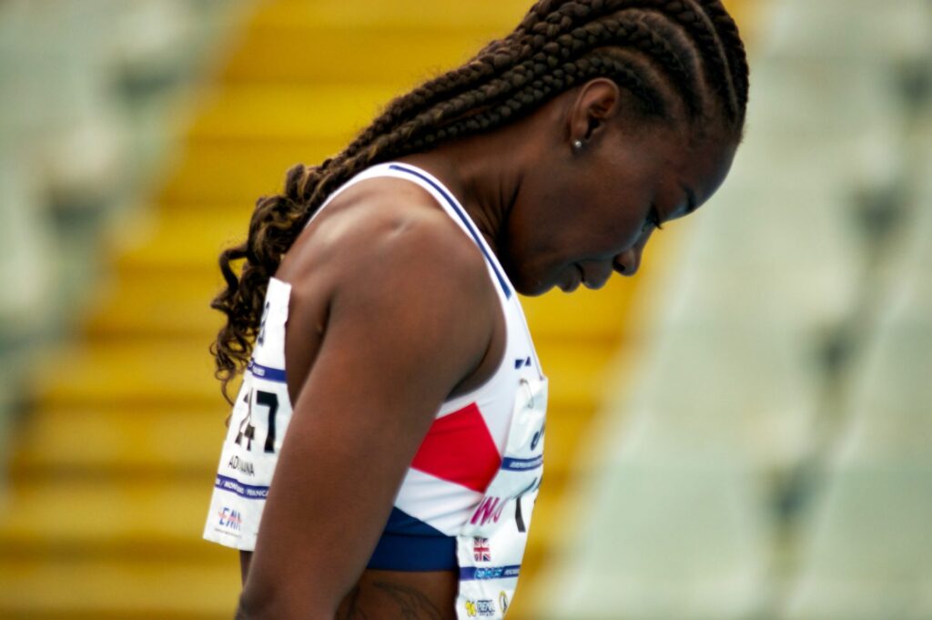 A British track and field runner, before the start at the European Master Athletics Championship