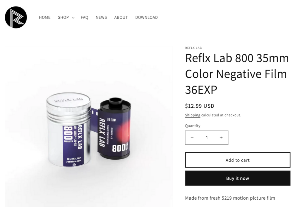 Screenshot of Reflx Lab Website - 800 Film Product