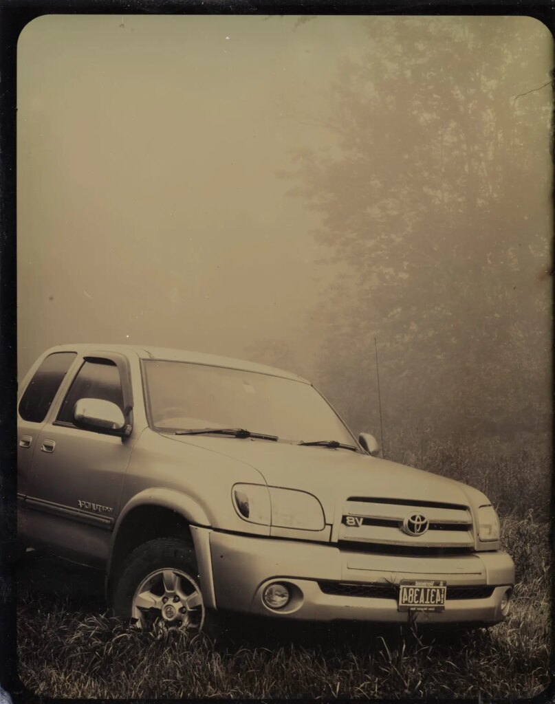 Tintype of pickup truck on a foggy morning